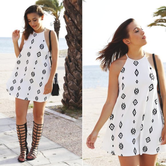 ZARA White Black Aztec Print High Neck Halter A-line Dress Medium - Picture 1 of 4